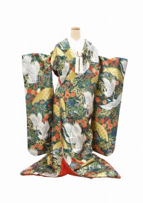結婚式の色打掛・花嫁用着物|青緑地に小花と鶴の刺繍 No.269