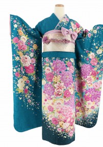 参列振袖[かわいい系]青緑に裾ぼかし・紫ピンク黄の牡丹、桜、百合[身長169cmまで]No.734