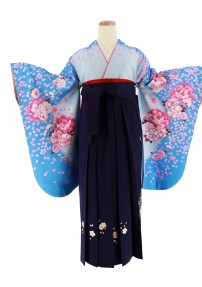 卒業式袴レンタルNo.617[Moe Oshikiri]青×水色グラデ・ピンク牡丹桜