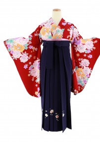 卒業式袴レンタルNo.624[ポップ]エンジ・水色紫オレンジの桜・牡丹