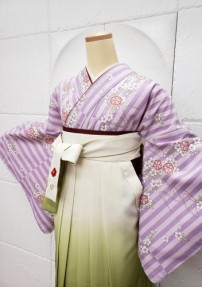 卒業式袴レンタルNo.760[ロマンチック]ピンク×紫ストライプ・枝垂桜・流水