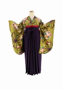 卒業式袴レンタルNo.781[レトロモダン]抹茶に紫の麻の葉・梅と桜