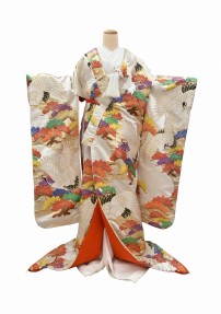 結婚式の色打掛・花嫁用着物|白地に鶴とカラフルな松柄 No.159