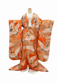 結婚式の色打掛・花嫁用着物|オレンジ×金地に鶴の刺繍 No.170