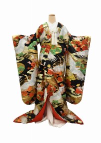 結婚式の色打掛・花嫁用着物|黒×金地に花と鶴の刺繍 No.171