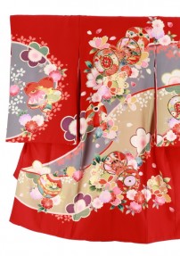 お宮参りの女の子用初着・産着  | 赤×グレー地に鼓と桜No.86
