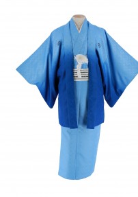紋付袴No.219|水色から青色へぼかし　市松模様対応身長 / 165cm前後