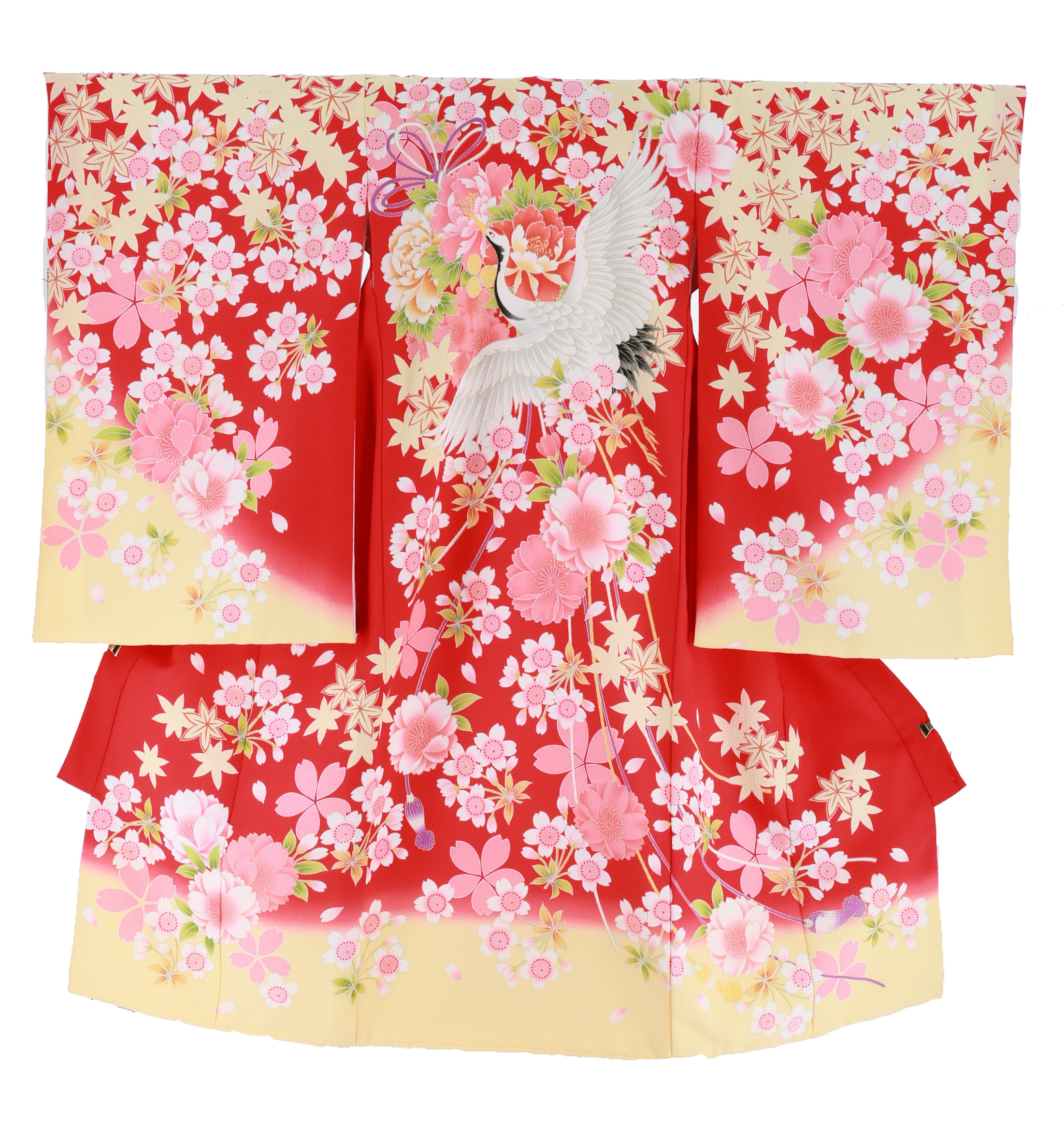 赤黄色桜と鶴柄の女の子用初着　化繊