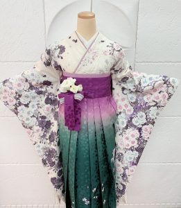 白地にグレーと薄紫で八重桜が描かれた成人式・結納用の振袖に紫から深緑のぼかしになった袴の組み合わせ写真。紐の結び目には花束のような飾りを付けている