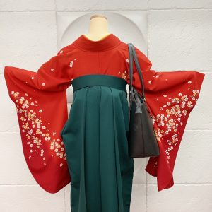 赤地に白桜柄の卒業式kimonと深緑の袴の後ろ姿。鞄は黒