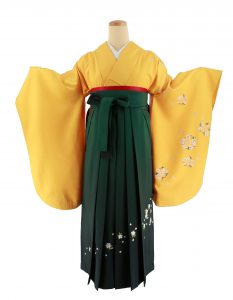黄色に桜の花の丸柄きものに深緑ぼかしの刺繍入り袴のコーディネート