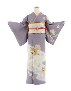 紫色地に水色のぼかし、流水文様と牡丹柄の卒業式のお母様kimono