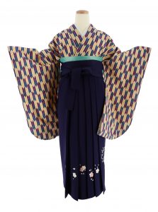 ベージュと青紫の矢絣の二尺袖に紺の雪輪刺繍入りウール袴の卒業式礼装の組み合わせ。oshikiri moeの袴でも似合いそう