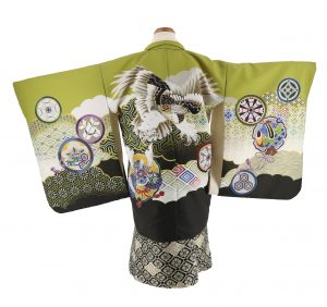 hao riは黄 緑に打ち出の小槌と宝尽くし、矢羽根の式部浪漫ブランドの着物。袴は白地から紺に変化する菱文様。近年人気急上昇中