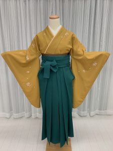 渋いカラシ～黄土色の小桜柄の卒業式着物に茶色の帯、深緑の無地袴で着付けたトルソー写真