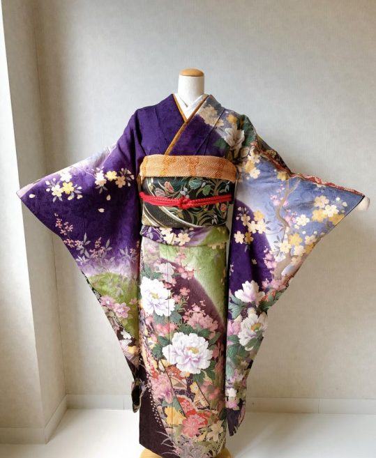 成人式振袖[KANSAI][レトロクール]濃紫×抹茶・牡丹[身長165cmまで]No.507