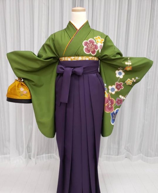 卒業式袴レンタルNo.448[レトロモダン]抹茶・赤紫紺黄色の梅｜着物 