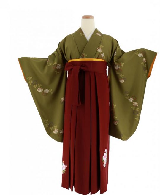 卒業式袴レンタルNo.467[古典柄]渋めの抹茶・斜めに菊