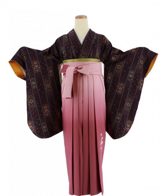 卒業式袴レンタルNo.465[個性的]濃紫・ストライプ小花・紋章風｜着物