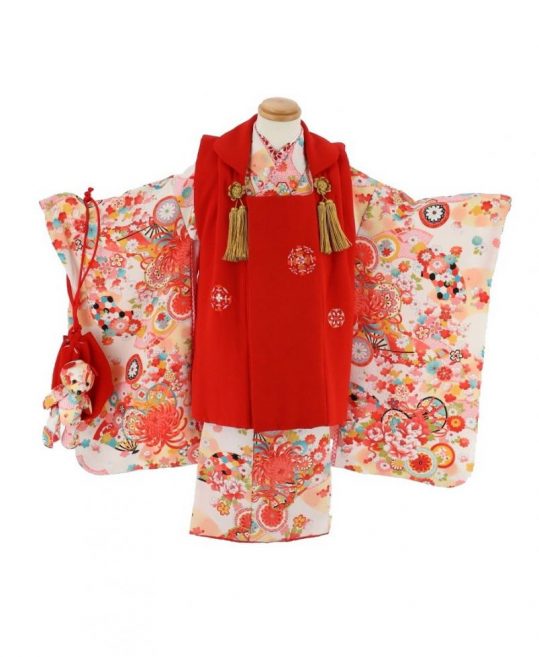 七五三 3歳女の子用被布[アンティーク風](被布)赤に華文(着物)白に菊と扇、鼓No.58H