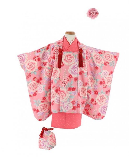 七五三 3歳女の子用被布[かわいい系](被布)ピンクにバラと藤(着物)濃いピンクに水色No.57H