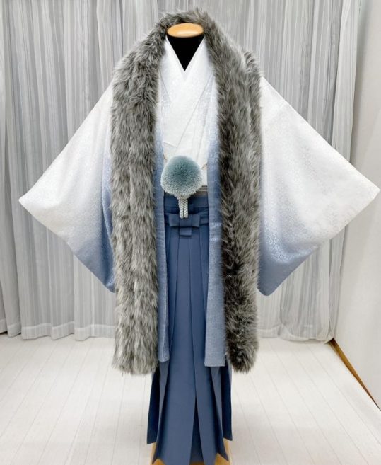 紋付袴レンタル・成人式・結婚式・卒業式|白に青灰ぼかし宝尽くしの市松[身長180cm]No.136