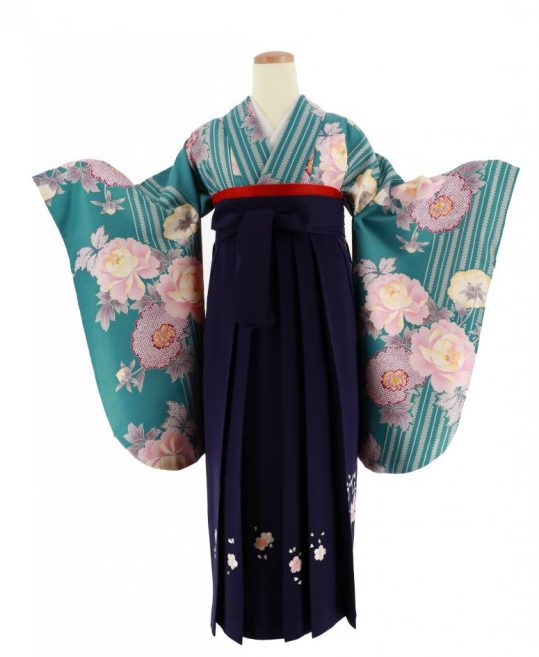 卒業式袴レンタルNo.733[レトロモダン]ターコイズブルー・絞り風ピンク紫牡丹