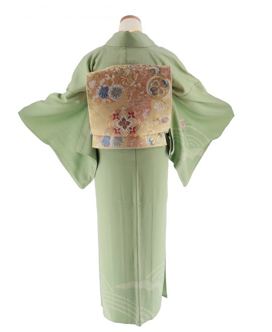 訪問着・付け下げ【6・9月用、単衣】黄緑に白の絞り・花の丸刺繍[身長 