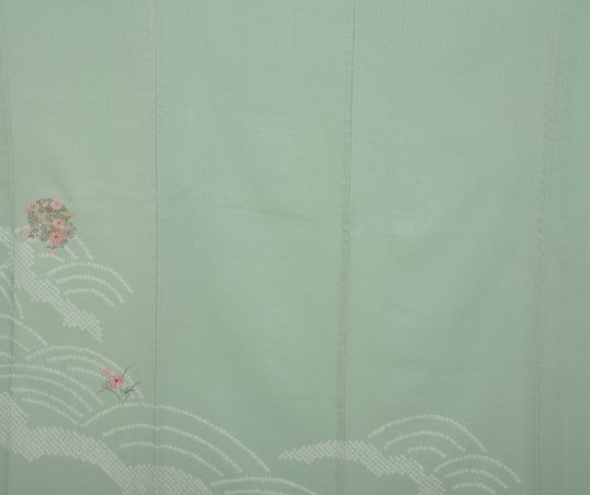 訪問着・付け下げ【6・9月用、単衣】黄緑に白の絞り・花の丸刺繍[身長 