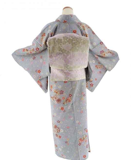 小紋【6・9月用、単衣】水色・グレーに桜[身長162cmまで]No.307｜着物 