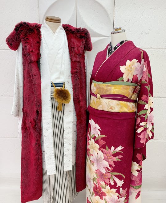 【成人式】紋付羽織袴用ロングファーコート・ローズワインレッド