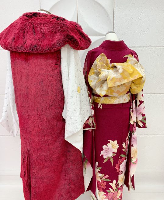 【成人式】紋付羽織袴用ロングファーコート・ローズワインレッド