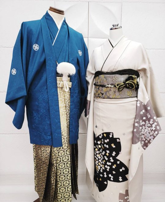 男性用袴単品レンタル(成人式・結婚式・卒業式)白黒ぼかし・金の亀甲に桜[身長170cm]No.227