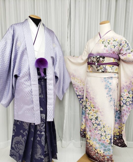 男性用袴単品レンタル(成人式・結婚式・卒業式)花紫・銀の鱗文様と龍[身長180cm対応]No.214