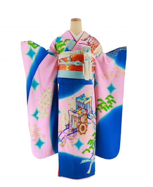 結婚式の大振袖 引き振袖 花嫁用振袖 ピンク 青地に御所車とダイヤ柄 No 171 着物レンタルのkanemata カネマタ