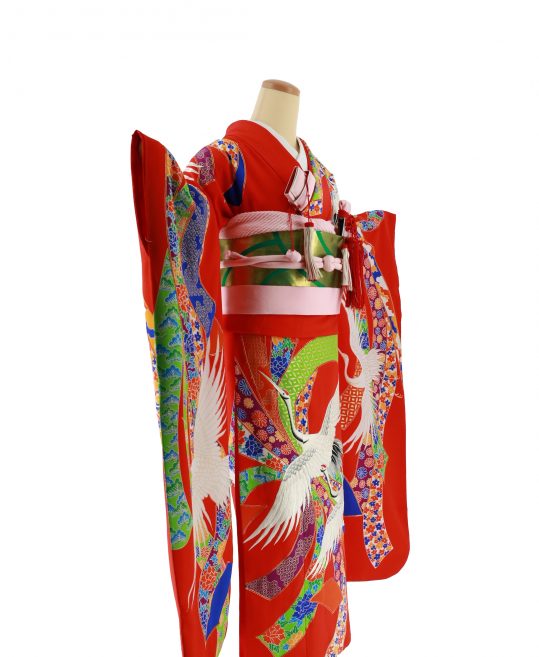 結婚式の大振袖・引き振袖・花嫁用振袖|朱赤地に鶴刺繍 No.36｜着物 