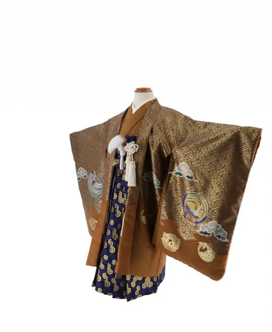 七五三の四つ身 5歳男の子用 茶色に金青のさや形 鳳凰と松竹梅 袴 花紫色 亀甲文 No 128m 着物レンタルのkanemata カネマタ