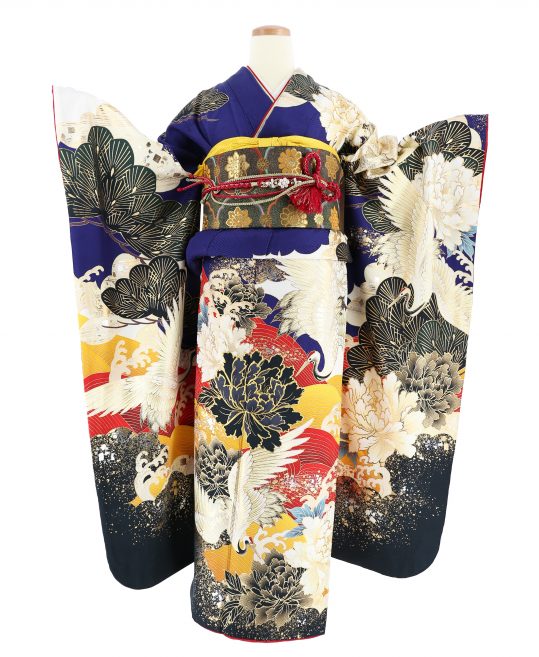 黒ブルーのクール系大輪牡丹の振袖フルセット クール系モード 青/黒 