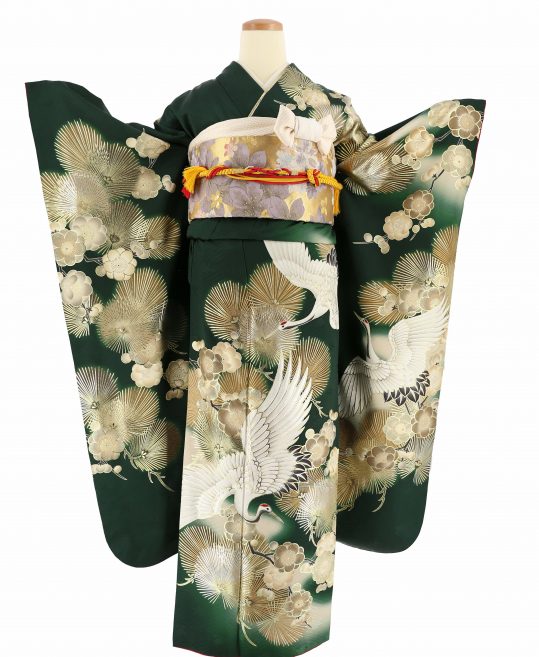 参列振袖[王道古典柄]深緑に鶴、金の松と梅[身長168cmまで]No.1047  