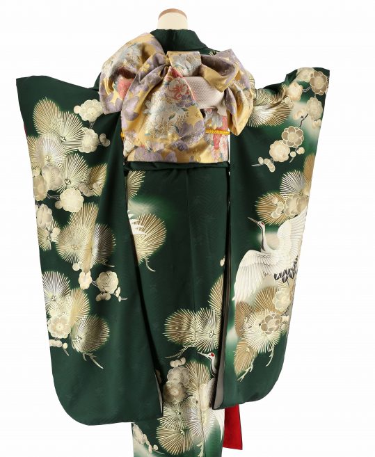 成人式振袖[王道古典柄]深緑に鶴、金の松と梅[身長168cmまで]No.1047 