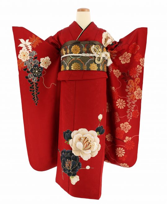 成人式振袖[シンプル]赤地で背面クリーム・ベージュ黒の八重桜[身長 