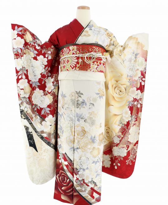 参列振袖[假屋崎省吾]白×赤・バラと金白の八重桜、熨斗[身長170cmまで 