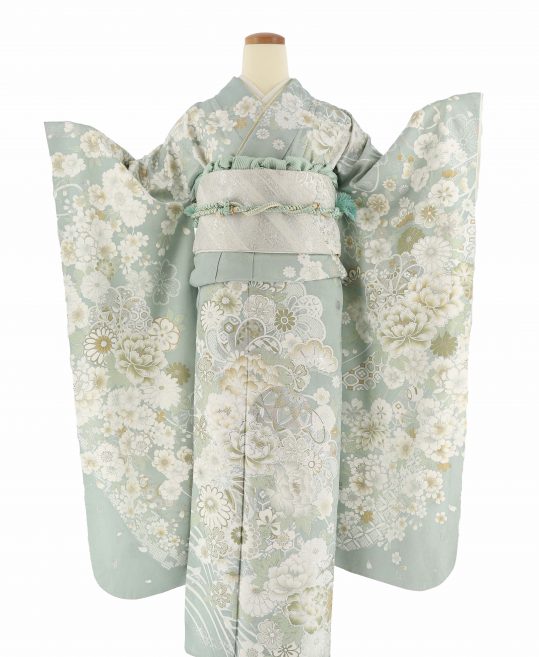 成人式振袖[くすみカラー]くすんだミントグリーンに白銀の花と毬[身長 