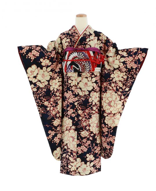 成人式振袖[九重][レトロモダン]黒×濃紺の絞り風に花柄[身長170cmまで 