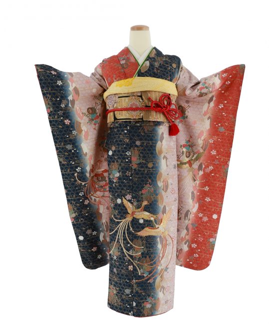成人式振袖[個性派レトロ][小柄古典]紺×ピンク・鳳凰[身長162cmまで]No 