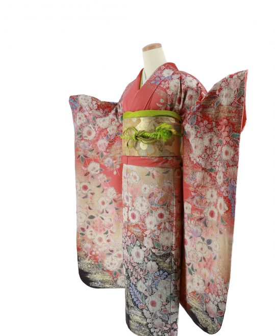成人式振袖 辻が花 レトロ サーモンピンク 茶 花 身長155cmまで No 414 着物レンタルのkanemata カネマタ
