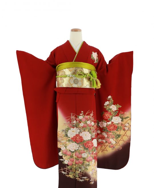 25,725円シンプル　振袖　牡丹　成人式　フルセット　正絹　赤