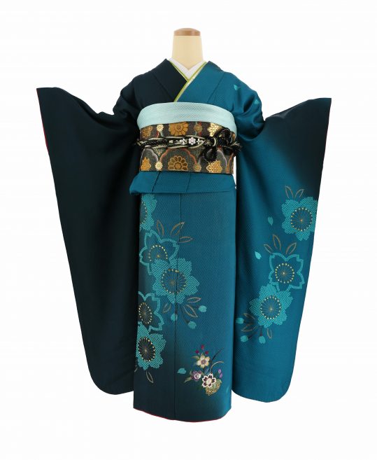 成人式振袖[総絞り]エメラルドグリーンに深緑ぼかし・桜の刺繍[身長 