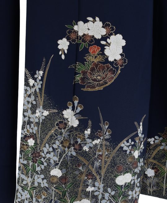 参列振袖[レトロシンプル][古典]濃紺に桜と牡丹[身長167cmまで]No.540