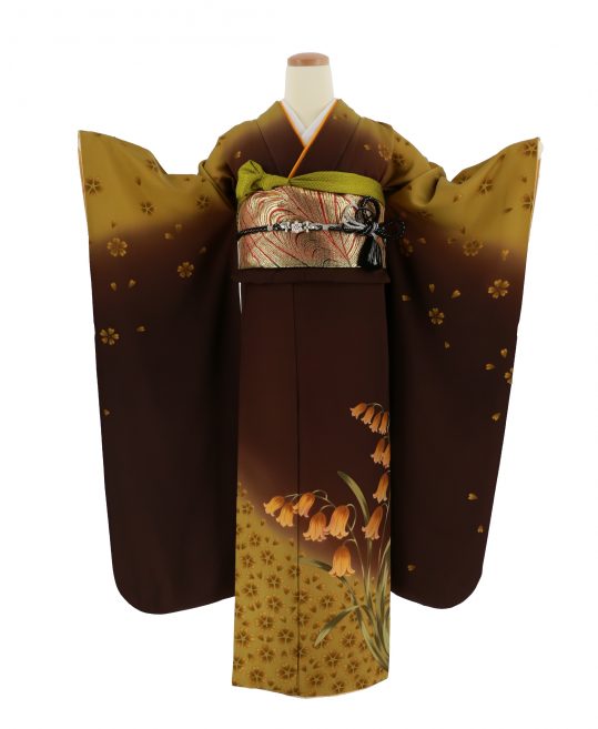 成人式振袖[個性派レトロ][シンプル古典]茶×カラシ・鈴蘭と桜[身長 